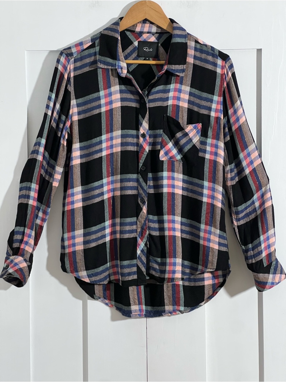 Rails Hunter Plaid Shirt Black Melon Aqua Metallic Rayon Flannel Blouse size M